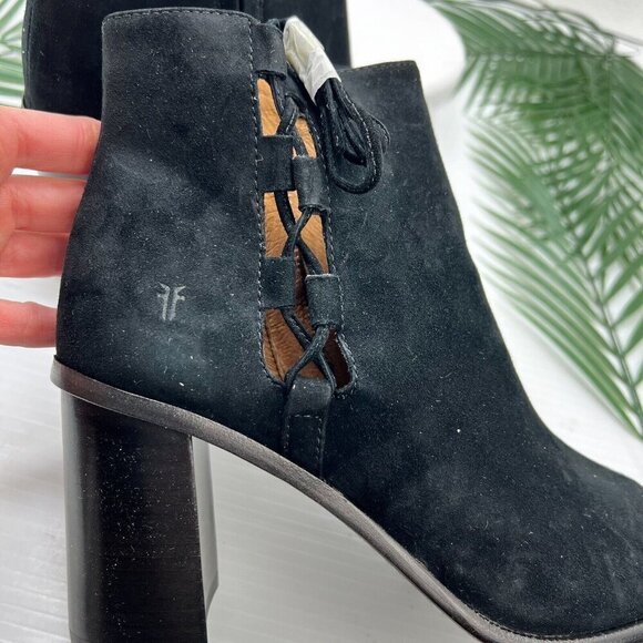 Frye Amy Side Ghillie Black Suede Leather Open Toe Ankle Boots Size 9M NWB - Picture 6 of 13